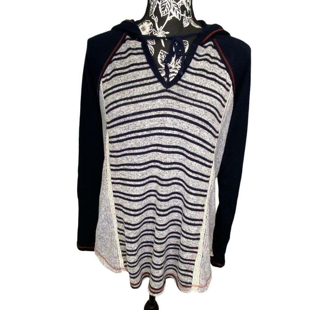 Item & Threads Striped Hoodie Lightweight Knit Boho Lace Up Pullover Bohemian